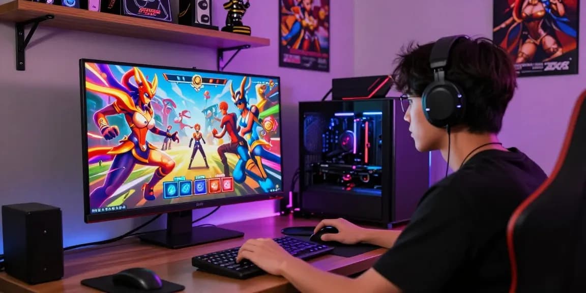 An immersive scene of a player enjoying an ecchi simulator game, highlighting vibrant character art and a cozy gaming setup.