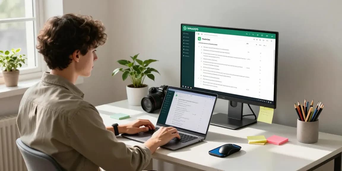 Engaging home office with WhatsApp網頁版 interface on display, conveying digital communication.