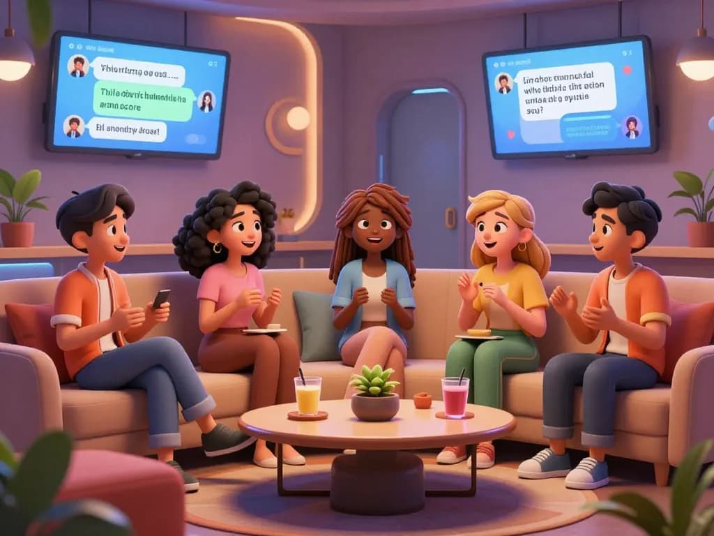 Engaging free ai sex chat scene with diverse AI avatars in a cozy virtual lounge.
