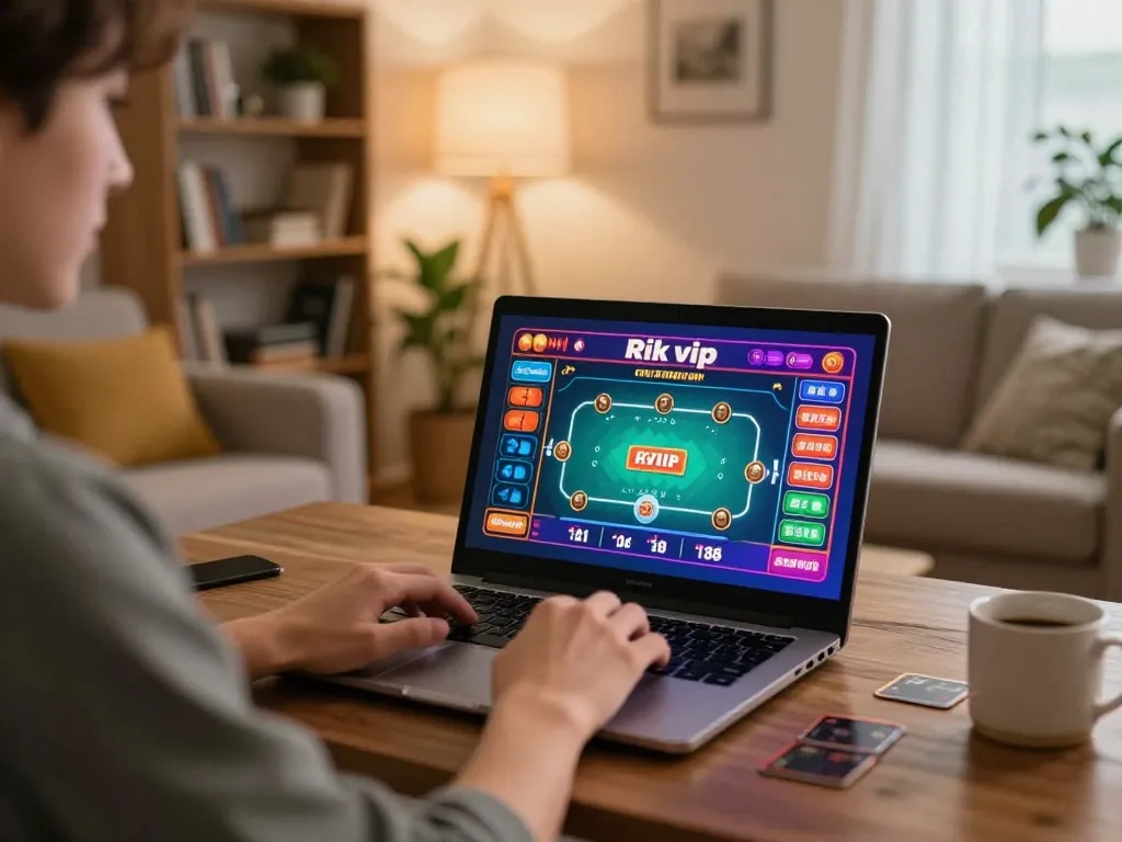 Players enjoying a rik vip online poker game in a cozy living room setting, promoting responsible gaming.