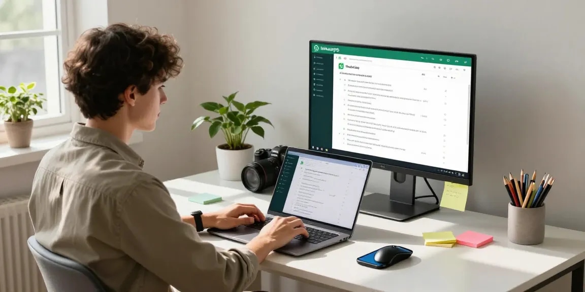 Engaging home office with WhatsApp網頁版 interface on display, conveying digital communication.