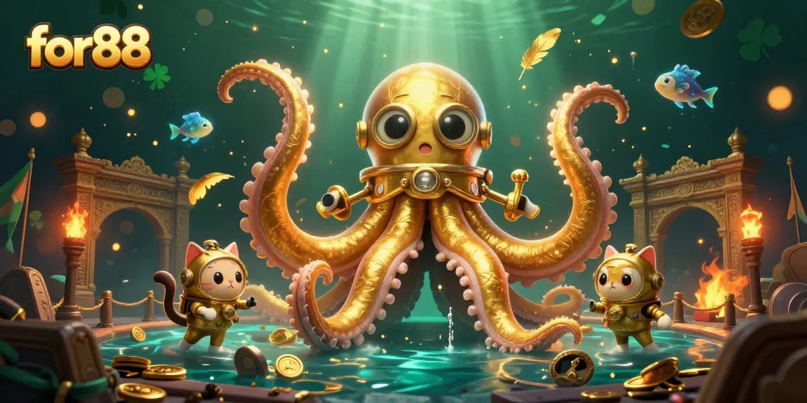 Engage in thrilling for88 experiences with a captivating kraken, a vintage diving cat, and glowing deep-sea fish.