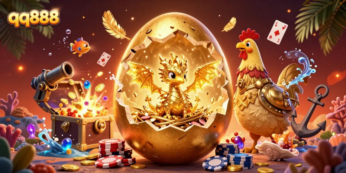 Engage with qq888 as a baby dragon emerges from a golden egg surrounded by treasures and casino elements.
