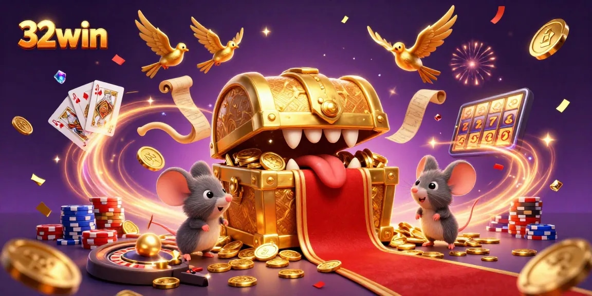 Bet big with 32win's exciting 3D casino scene filled with vibrant game elements and treasures.