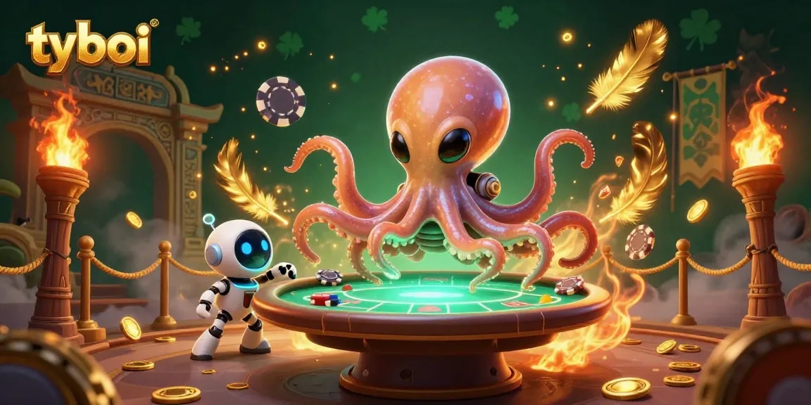 Engage in thrilling games at tyboi with a vibrant scene featuring a cartoon alien octopus and poker chips in orbit.