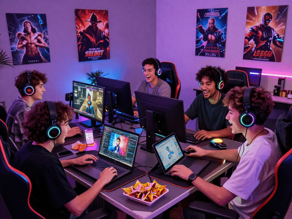 Exciting gaming scene showcasing diverse group playing lewdspot games on laptops and smartphones in a vibrant gaming room.