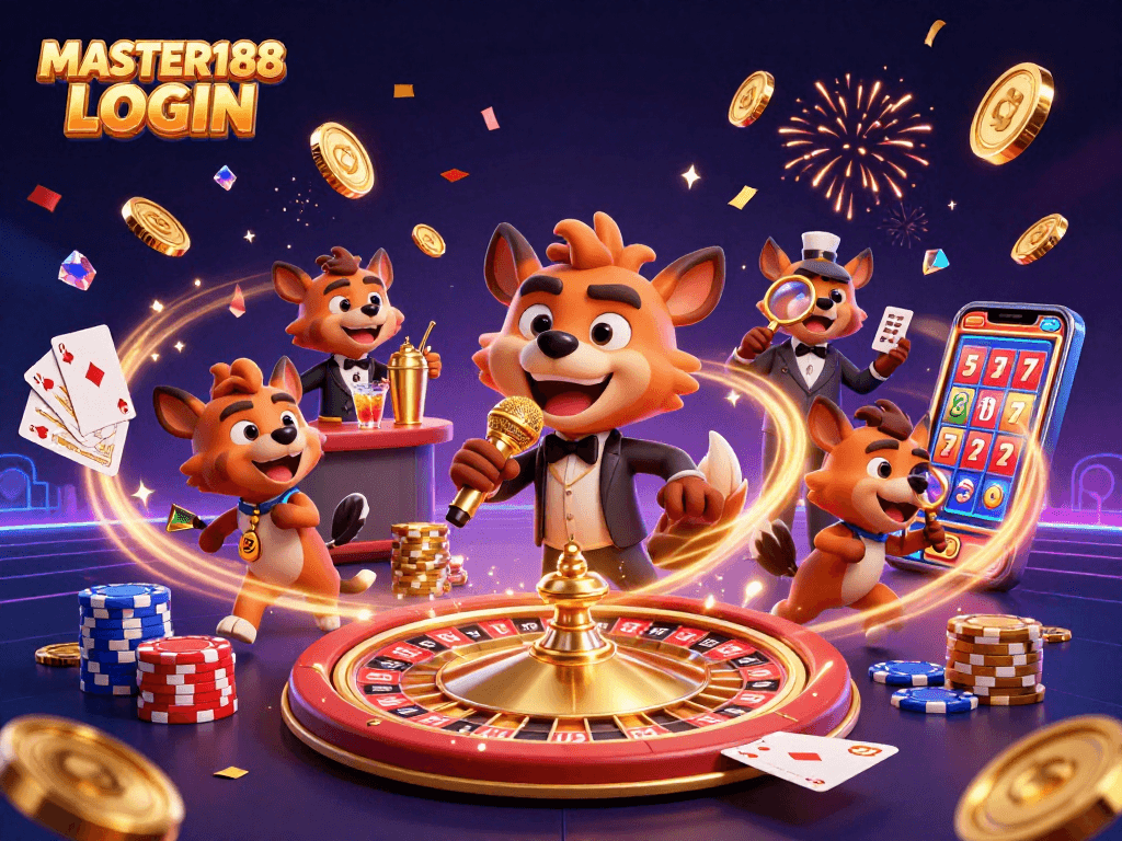 Boost your gaming skills with MASTER188 LOGIN at a vibrant casino depicted in a colorful 3D illustration.