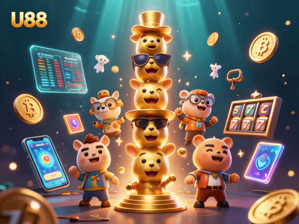 Win big with U88’s vibrant gaming experience featuring a colorful totem pole and neon coins.