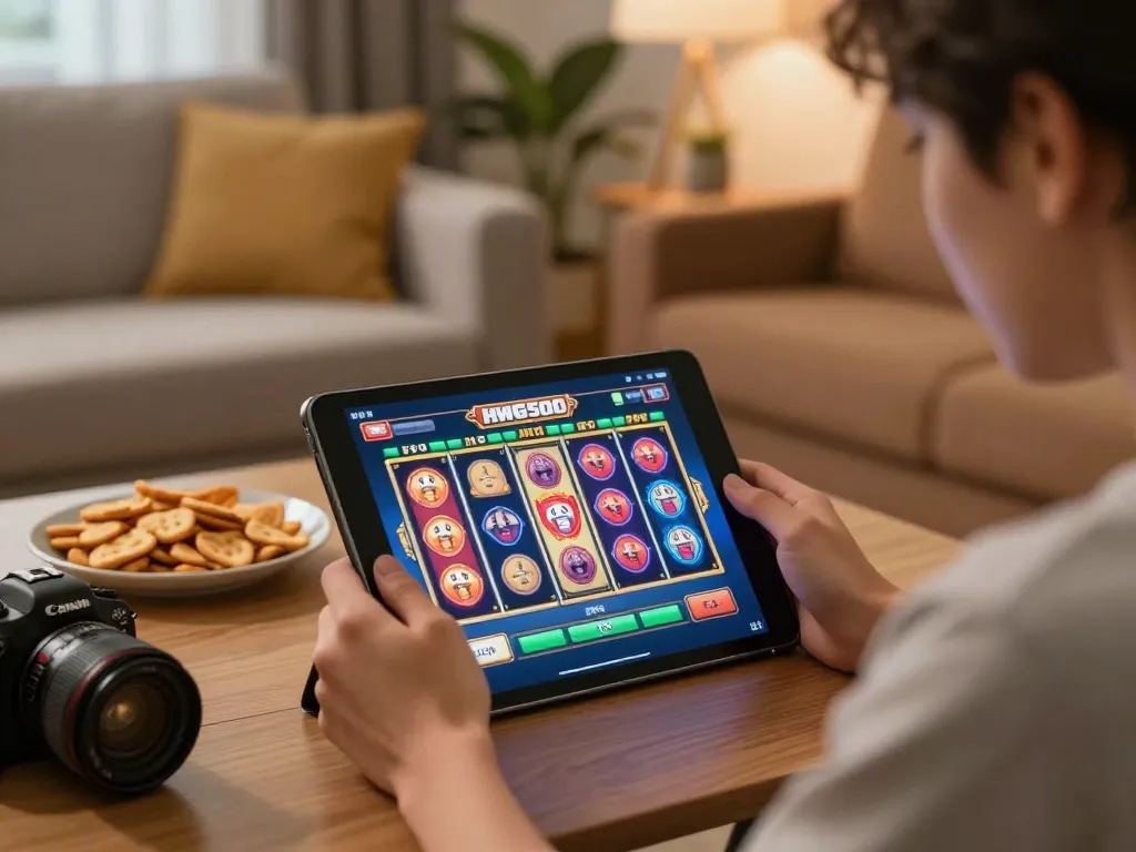 Engaging player enjoying hwg500 slot on tablet in a cozy home setting, highlighting online casino experience.