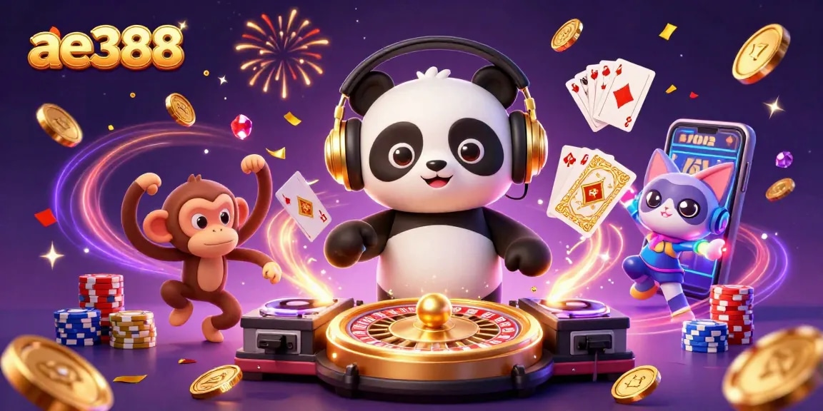 Celebrate wins with ae388 as DJ panda spins roulette and glowing gems vibrantly surround the dance floor.