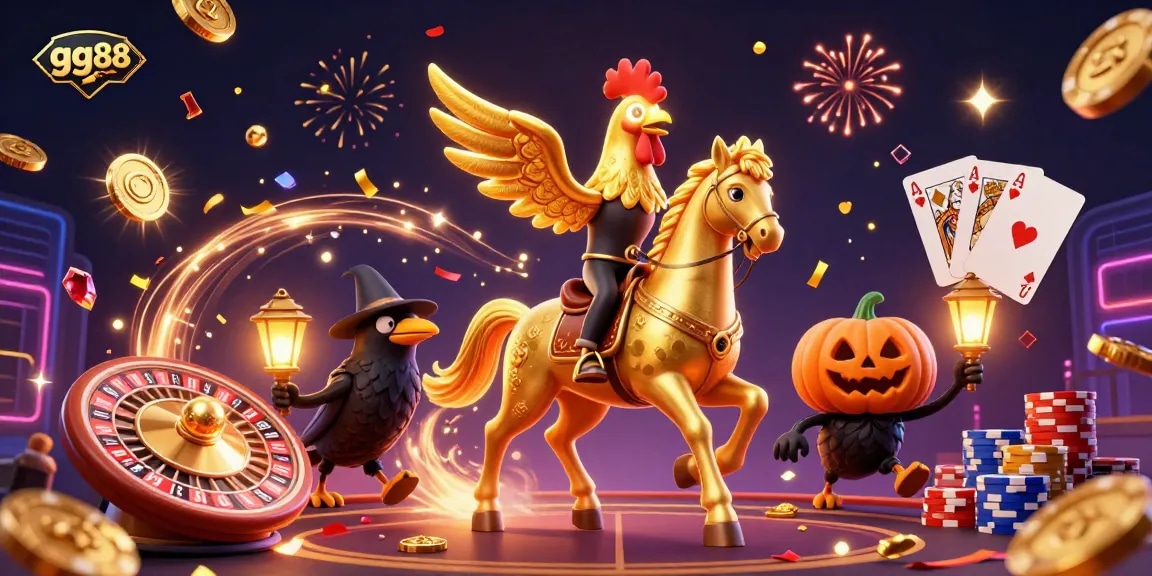 Experience fun gameplay at gg88 with a golden rooster hero, casino elements, and vibrant energy.