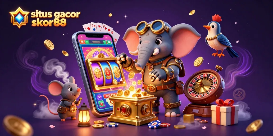 Spark winning strategies with the vibrant scene showcasing situs gacor skor88's dynamic slot action and characters engaged in play.