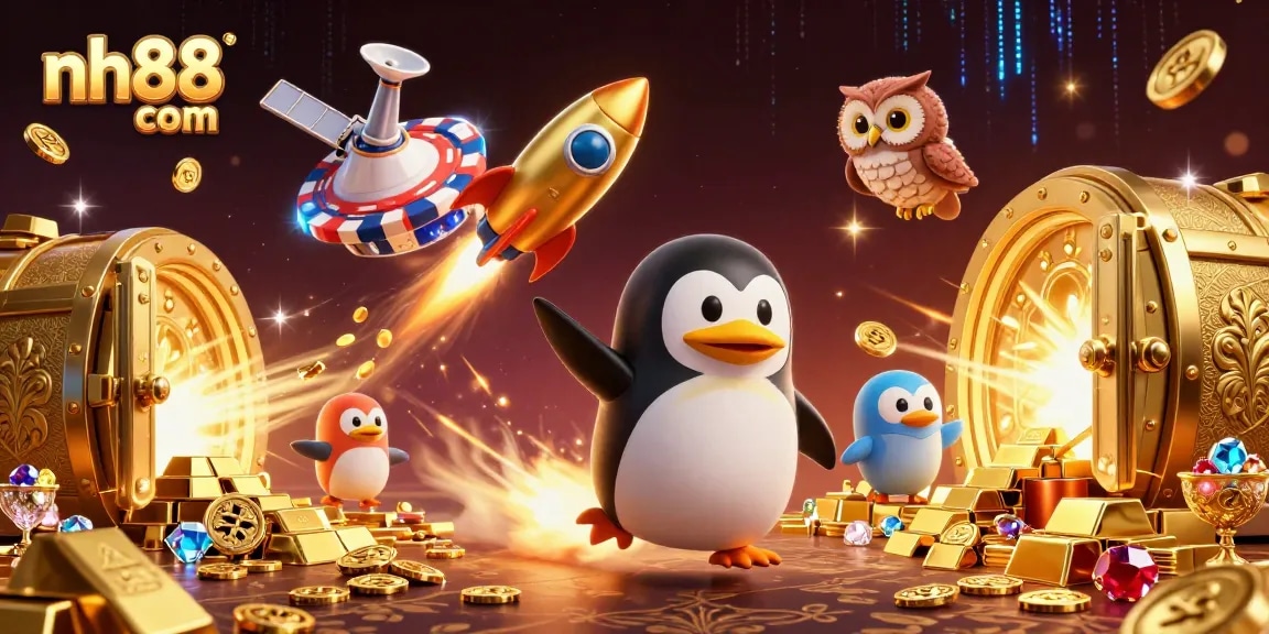 Experience thrilling gambling excitement at nh88 com with our golden penguin and casino treasures in this vibrant scene.