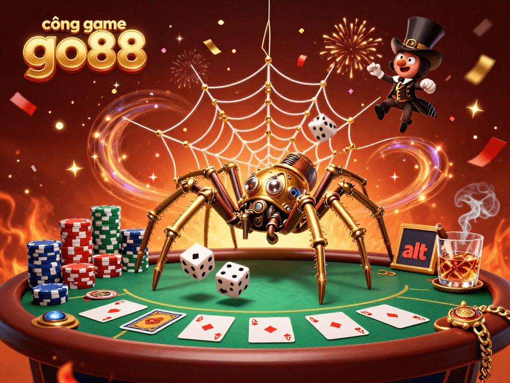 Engaging scene of cổng game go88 featuring a steampunk spider, poker elements, and festive confetti.