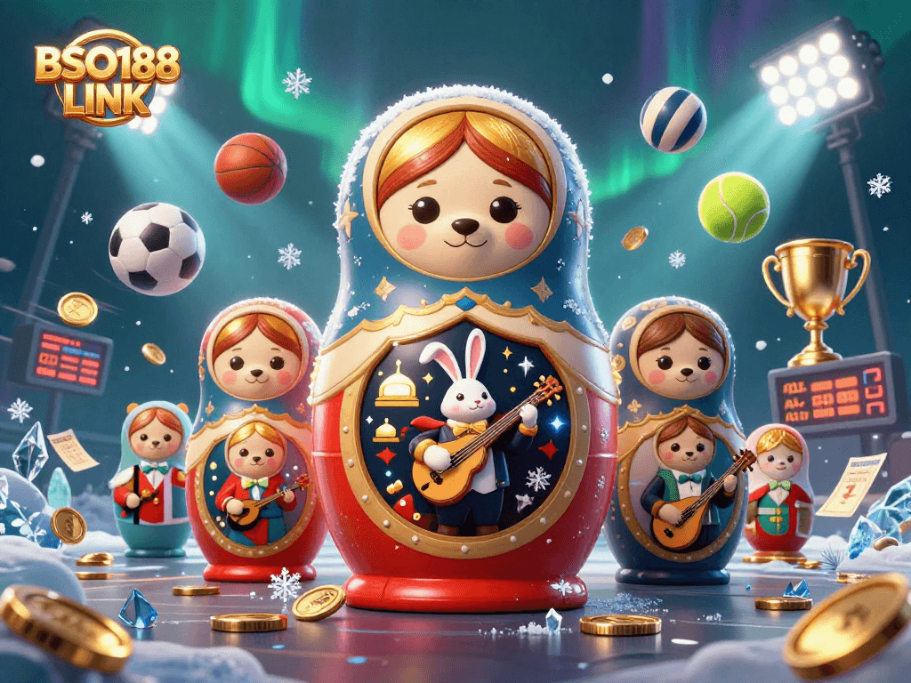 Engage with BSO188 LINK's vibrant 3D cartoon casino scene featuring Matryoshka bears and festive sports elements.