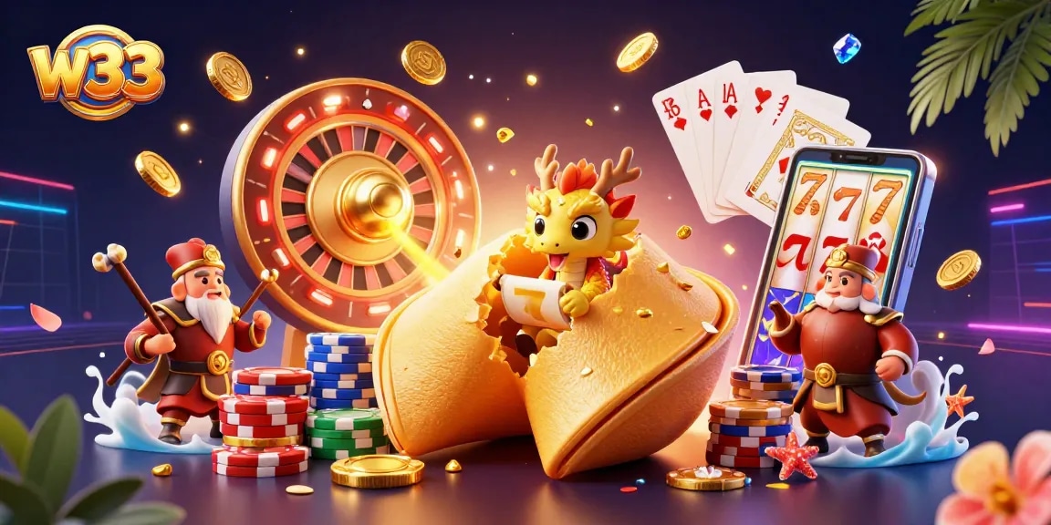 Engage with w33's vibrant casino experience featuring a giant fortune cookie, dragon, and dynamic gaming elements.