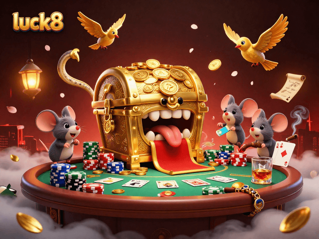 Luck8's vibrant casino adventure features a treasure chest, poker scene, and rich gaming elements for players.