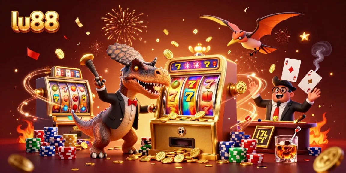 Experience the excitement at lu88 with a golden slot machine jackpot celebration in this vibrant casino scene.