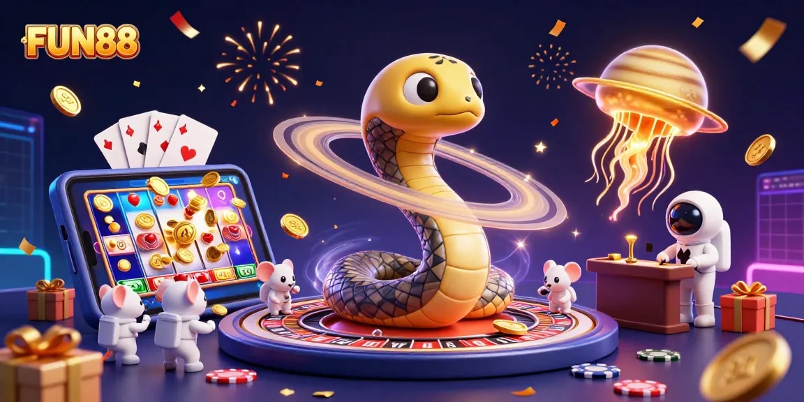 Engage with FUN88's thrilling atmosphere, featuring an interactive roulette wheel and cosmic dealer.