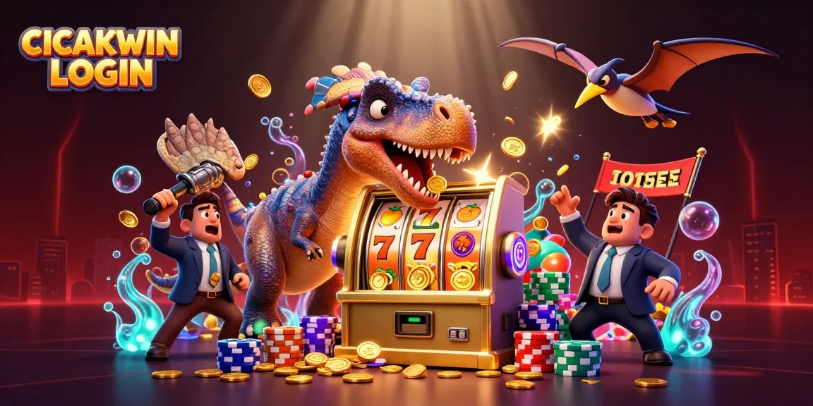 CICAKWIN LOGIN scene with a pachycephalosaurus interacting with a golden slot machine and coins flying around.