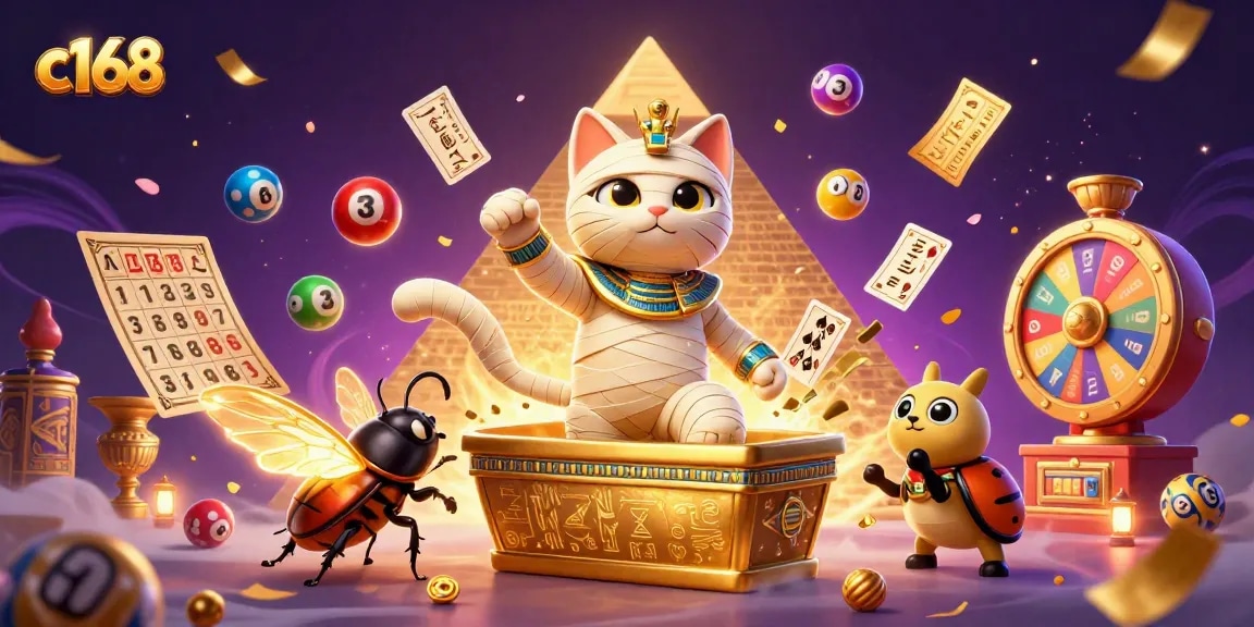 C168 adventure featuring an Egyptian mummy cat, scarab beetle, and vibrant game elements in an enchanting casino scene.