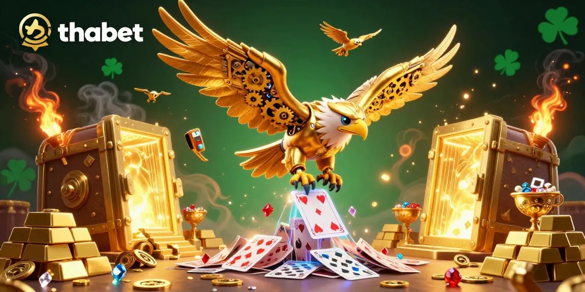 Win big at thabet with an epic dive of a cybernetic golden eagle surrounded by sparkling gaming treasures.