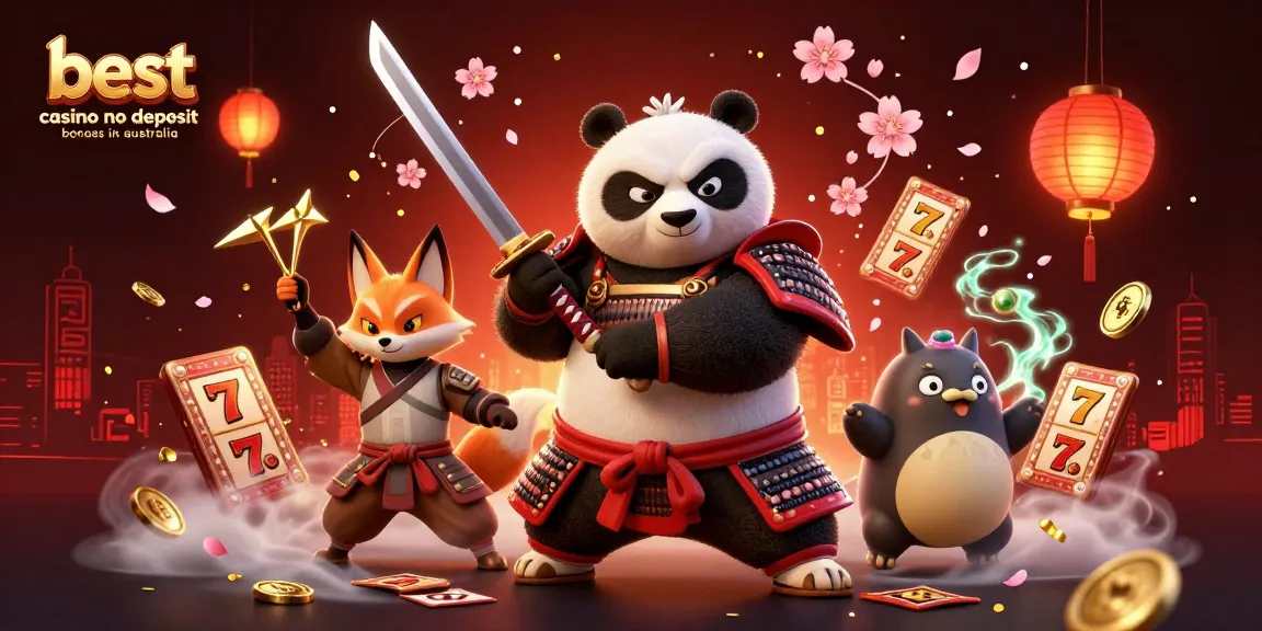 Discover exciting adventures with the best casino no deposit bonuses in Australia in this dynamic illustration featuring samurai and gaming elements.