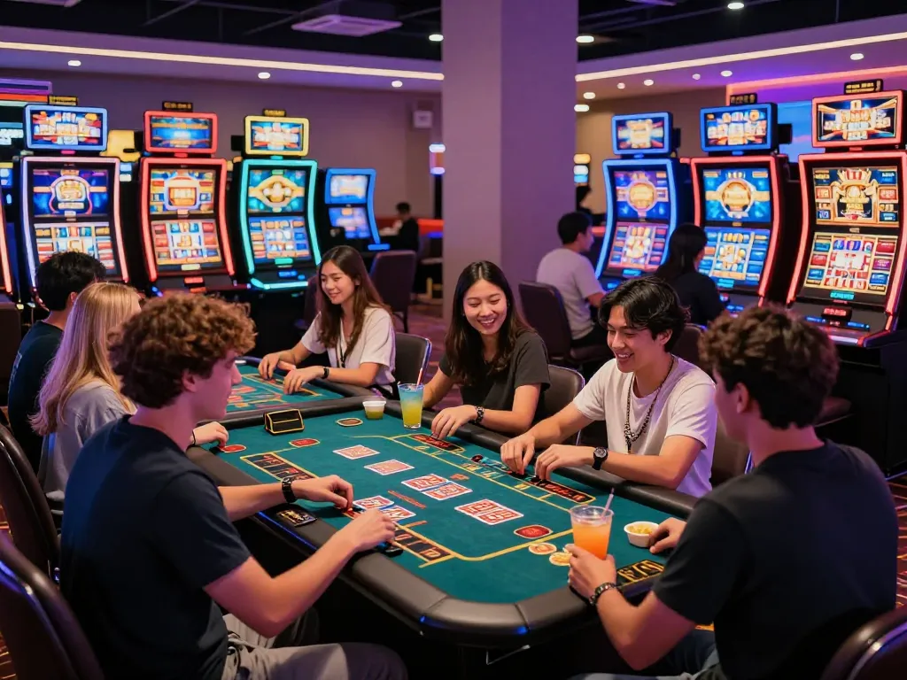 Exciting MM88 gaming experience with friends enjoying vibrant casino atmosphere and colorful digital screens.
