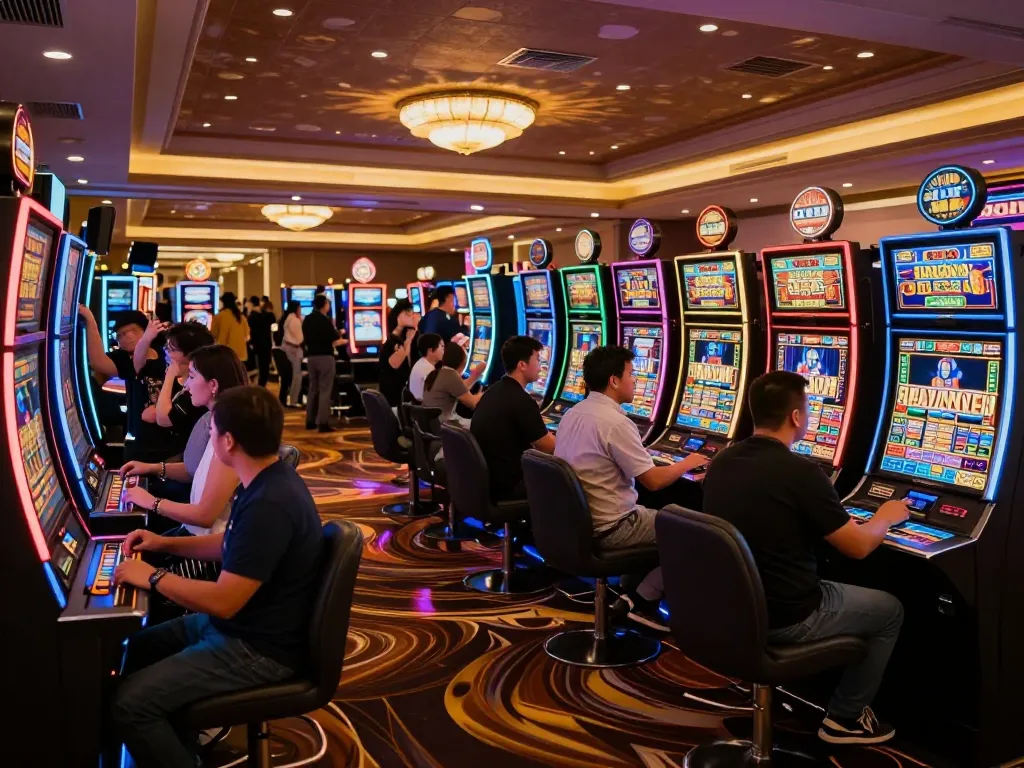 Players enjoying a thrilling slot pulsa experience in a vibrant casino atmosphere