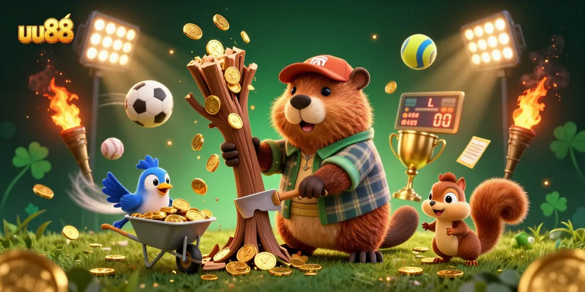 Experience the thrill at uu88, where a beaver and friends discover riches amidst sports excitement and golden coins.