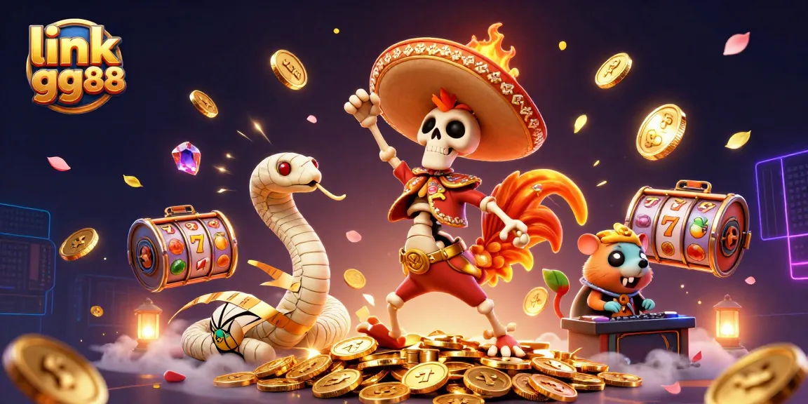 Engage in the thrill of link gg88 with vibrant characters celebrating amidst shimmering casino elements and slot game excitement.