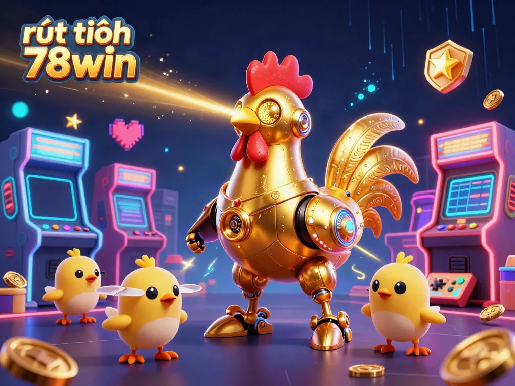 Experience the thrill of rút tiền 78win with a vintage robotic rooster shooting lasers amidst arcade chaos.