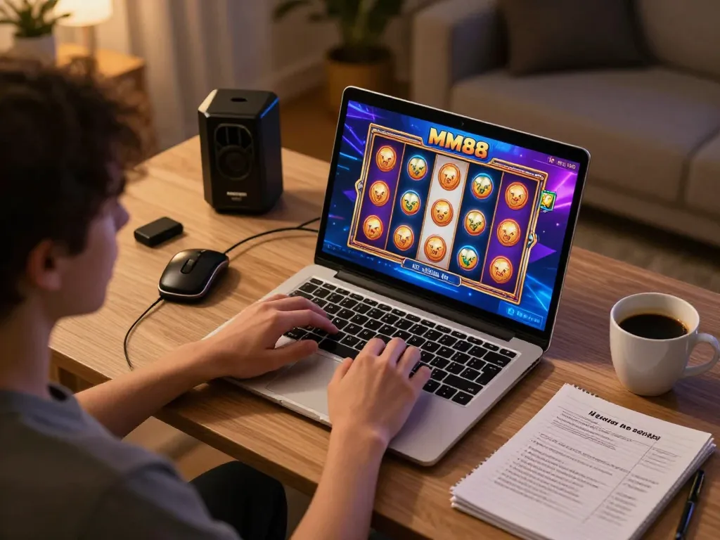 Engaging in MM88 online casino gaming at home, with slots on screen and coffee nearby.