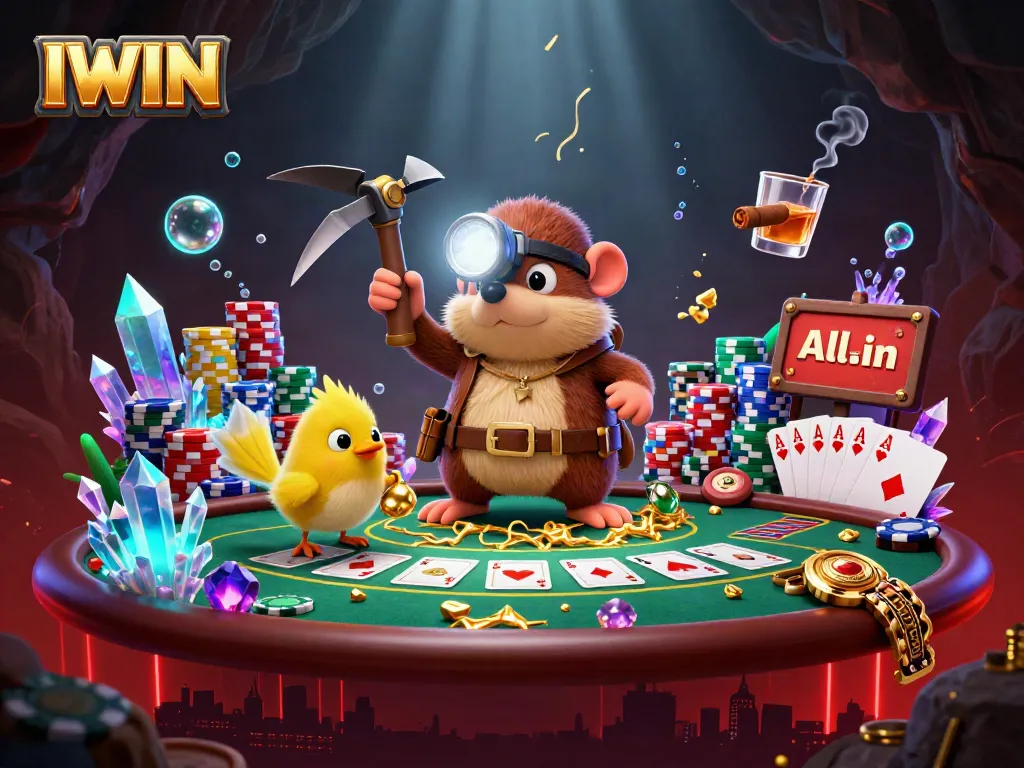 IWIN treasure hunt in a thrilling casino scene with vibrant poker elements and glowing gems.