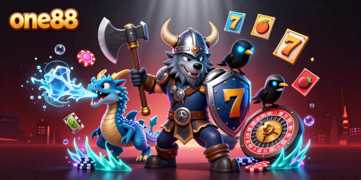 Experience thrilling gameplay with one88's Viking warrior, dragon, and vibrant casino elements.