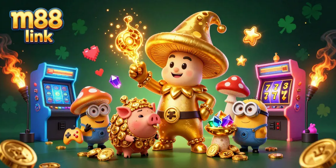 Experience the thrill of m88 link with golden visuals and enticing gaming elements surrounding whimsical characters.