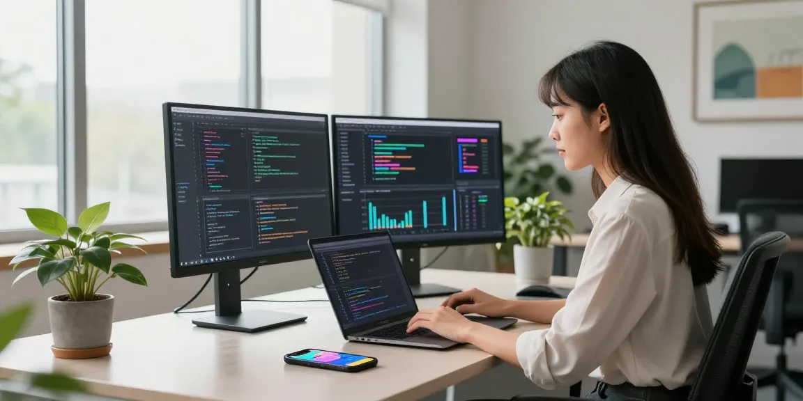 快连 user enjoying a dynamic coding session in a modern office, showcasing innovative tech workspace.