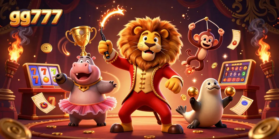 Experience the thrill of gg777 with vibrant 3D casino characters like a lion ringmaster and colorful symbols.