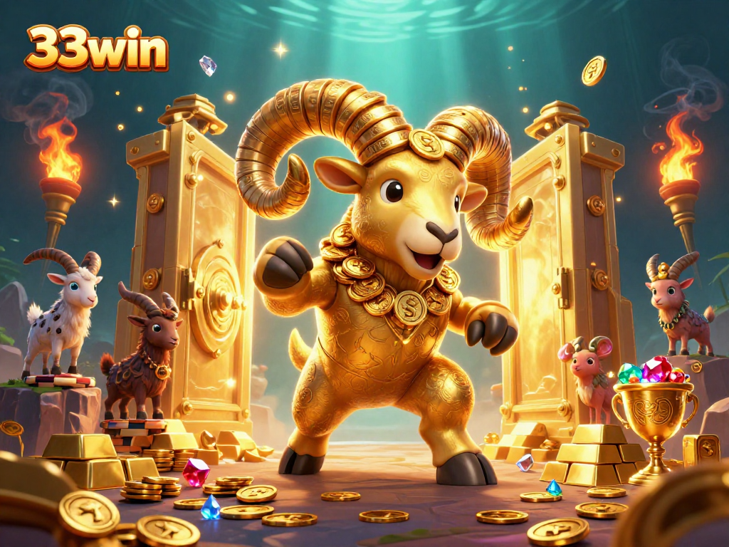 Experience thrilling wins at 33win with golden treasures and games in a vibrant casino-themed scene.