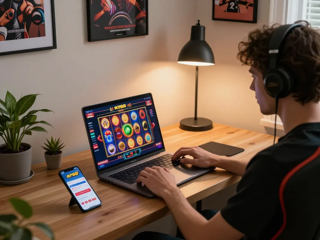 Player engaging in KP88 com online slot game on laptop, enhancing entertainment experience at home