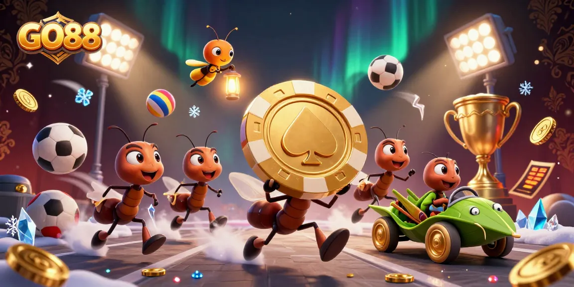 Engage with GO88 as cartoon ants embark on a thrilling heist in this vibrant casino illustration.