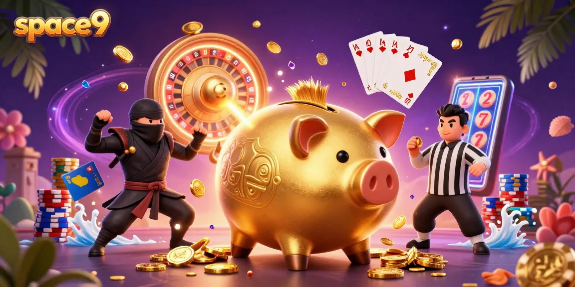 Play exciting games at space9 Casino with golden piggy bank, coins, and vibrant casino elements.