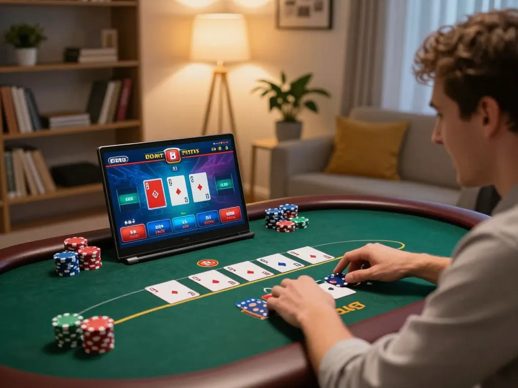 Player engaging in a 789 online casino poker game, showcasing gaming screen and strategic atmosphere.
