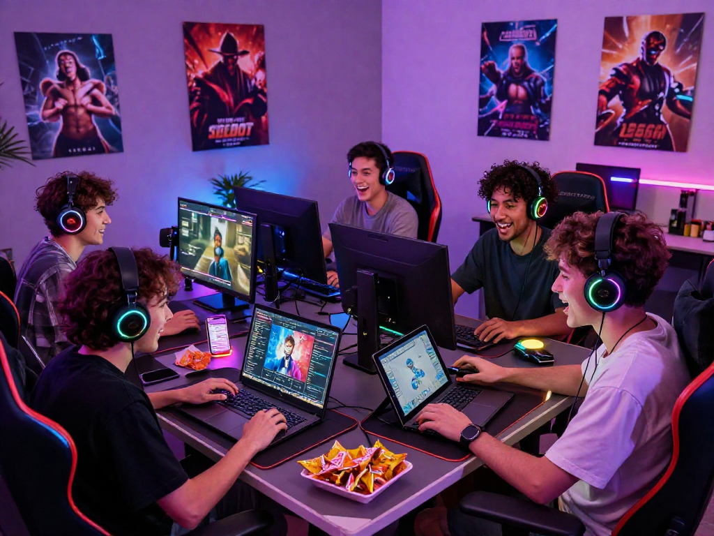 Exciting gaming scene showcasing diverse group playing lewdspot games on laptops and smartphones in a vibrant gaming room.