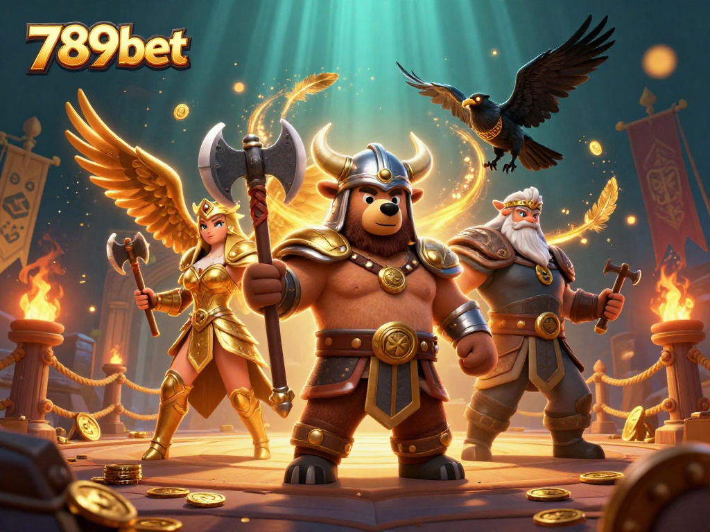 Experience the thrill of 789bet with a 3D cartoon Viking berserker and Valkyrie eagle in an epic gambling arena.