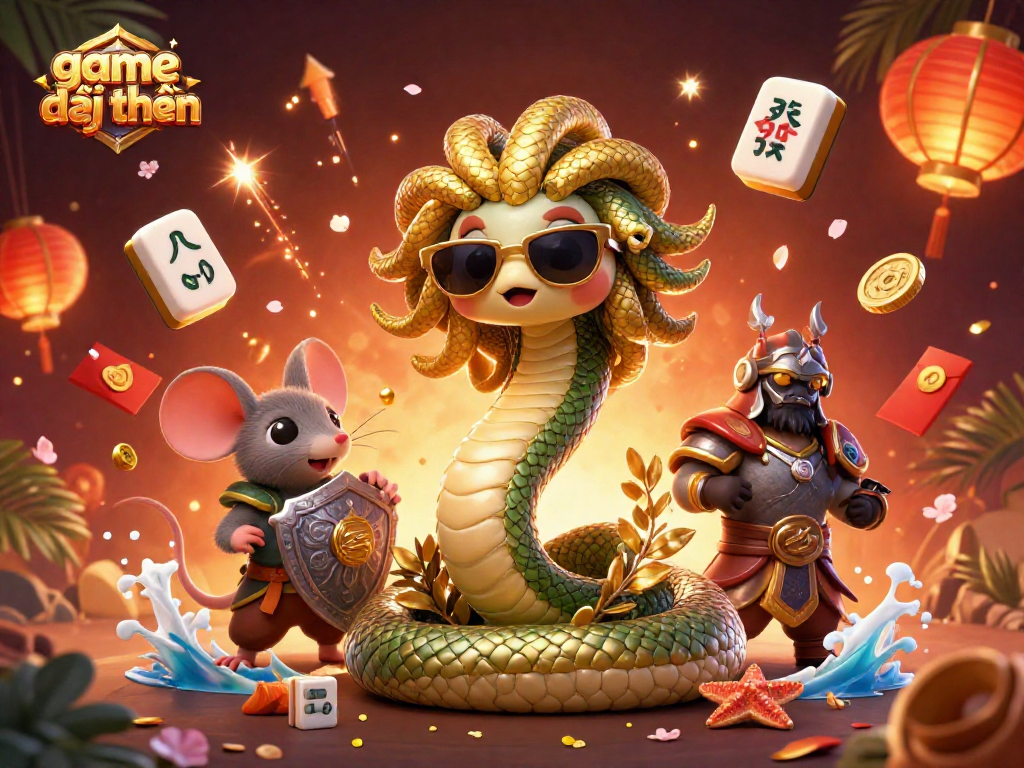 Play game đổi thưởng with Medusa and a warrior mouse in a lively casino-themed 3D illustration.
