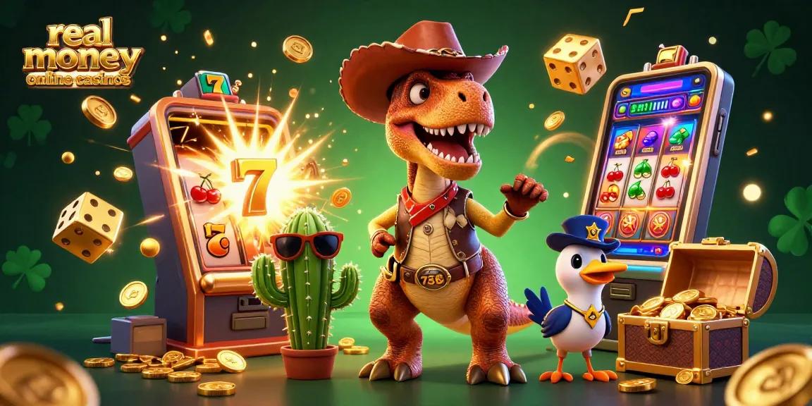 Win big at real money online casinos with a vibrant scene of a playful T-Rex and friends!