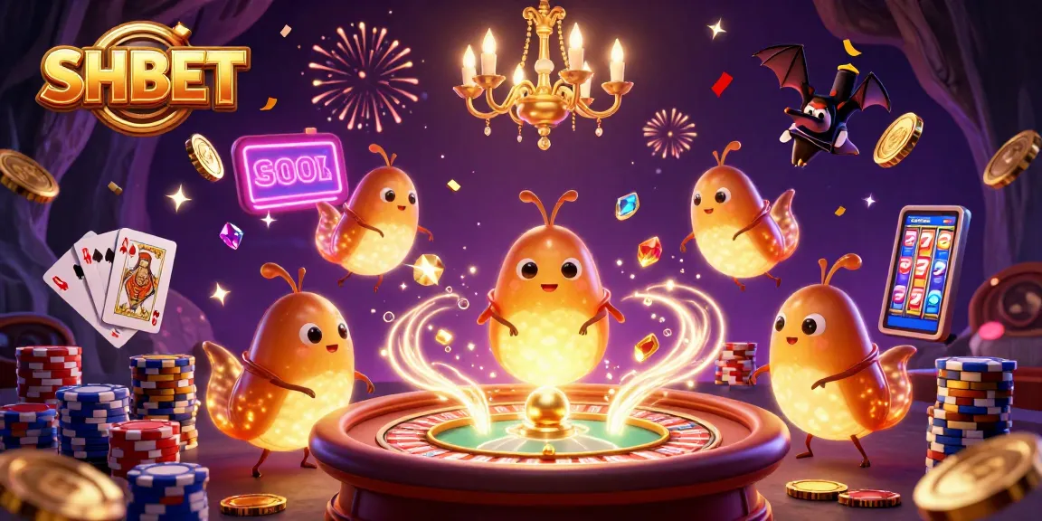 SHBET illuminates a vibrant, crowded casino with glowing glowworms and a bat dealer