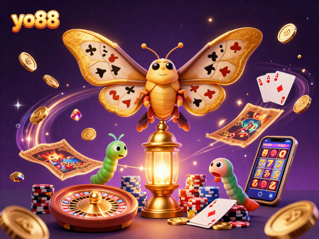 Spin the exciting reels with yo88's vibrant casino character illustration filled with golden treasures.