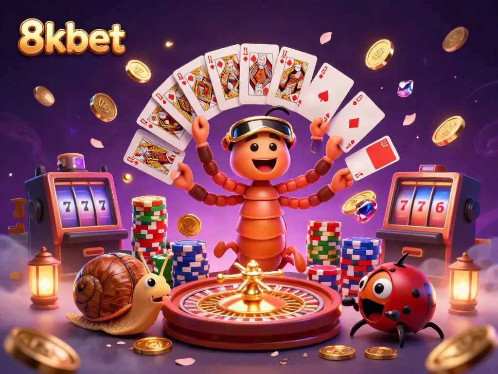 Experience thrilling play with 8kbet through a vibrant casino scene featuring whimsical characters and dynamic game elements.